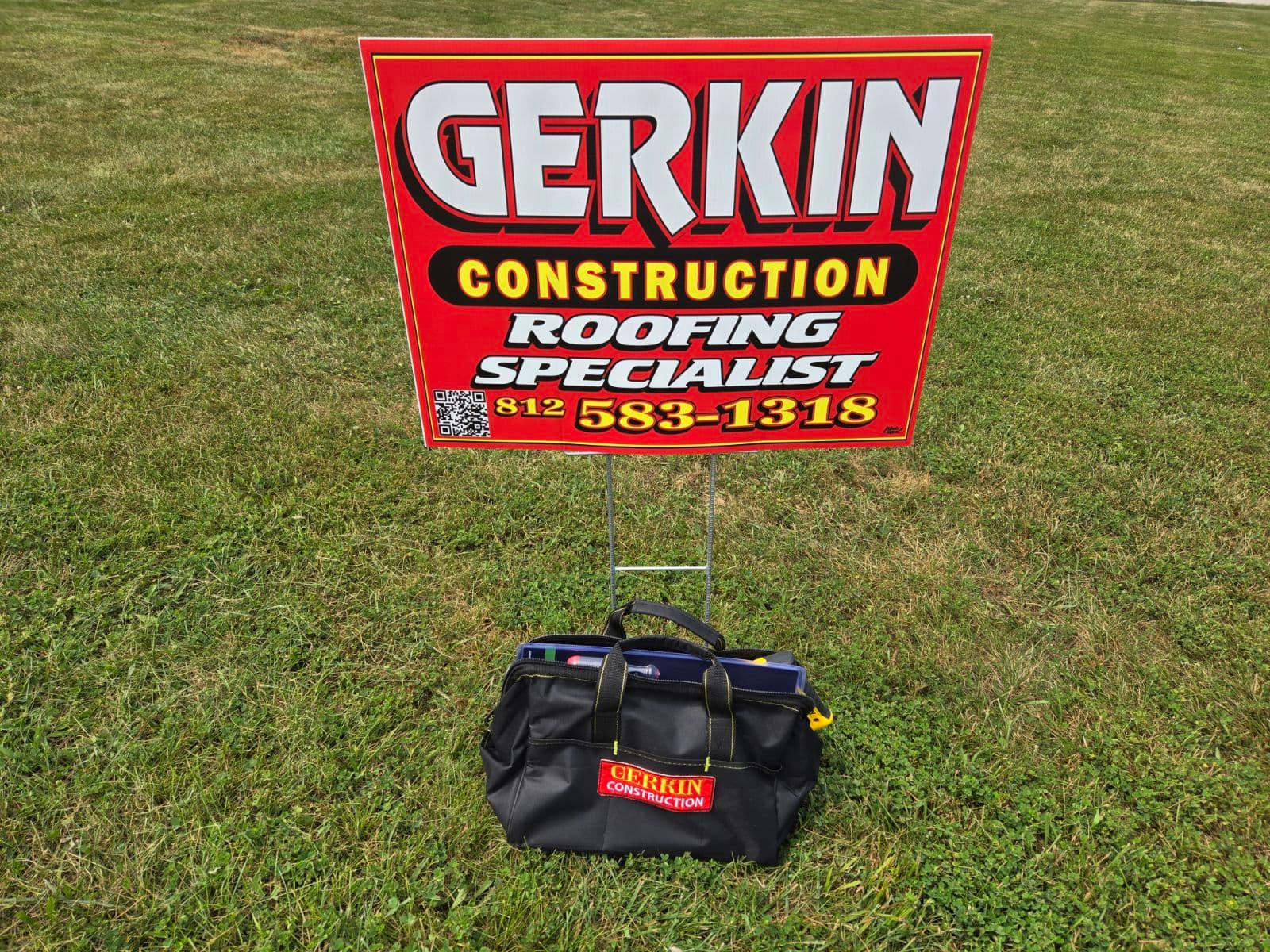 Gerkin Construction yard sign staged with the Yard Sign Giveaway prize bag